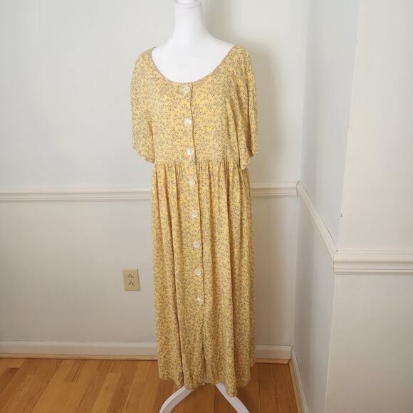 Vtg 90s Moda International Dress Size Large Womens Maxi Yellow Floral Buttonup - Picture 1 of 16